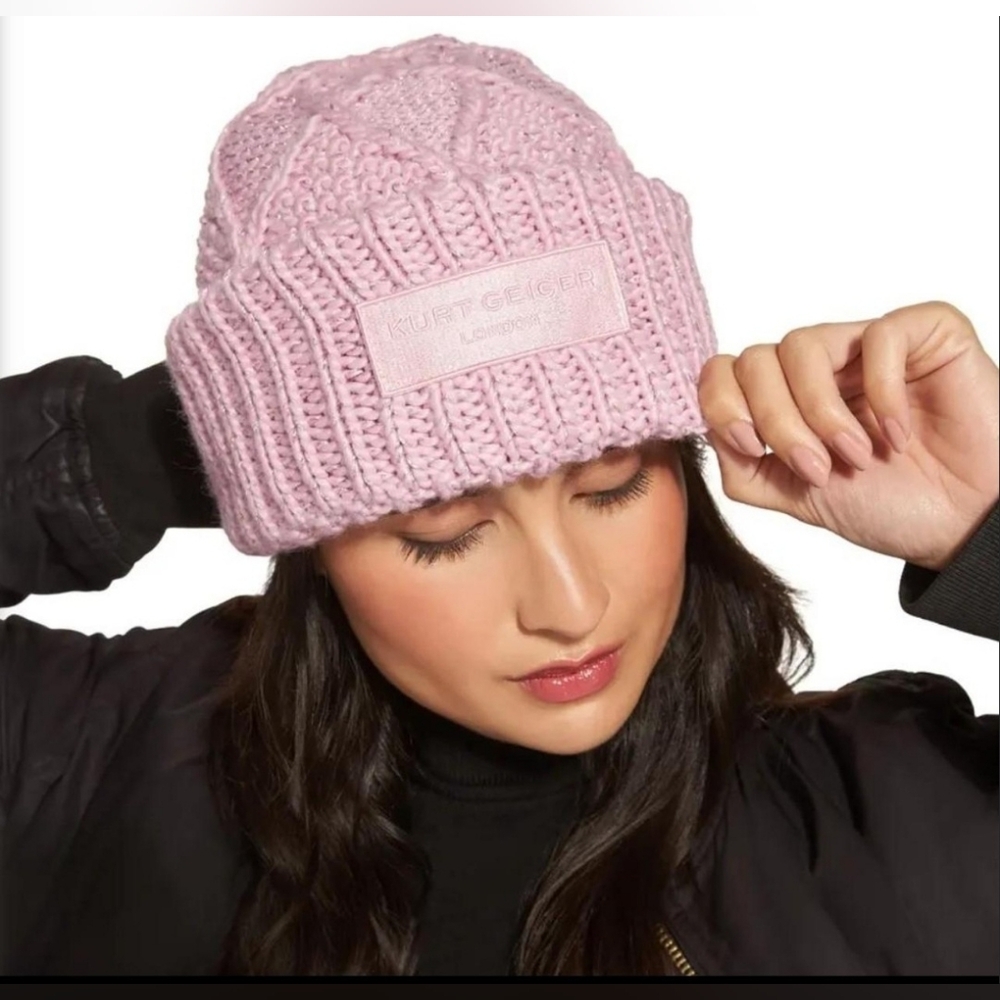 Kurt Geiger London Light Pink Cable Knit Beanie